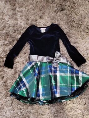 Bonnie Jean Navy Velvet Top with Green & Blue Plaid Skirt and Silver Bow